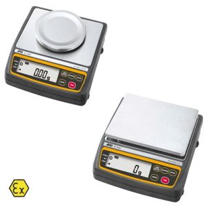 A&D EK-AEP Intrinsically Safe Compact Balance, small and large weighing plate options. On white background