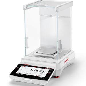 Ohaus Explorer Analytical Balance EXP plus model side view white background.