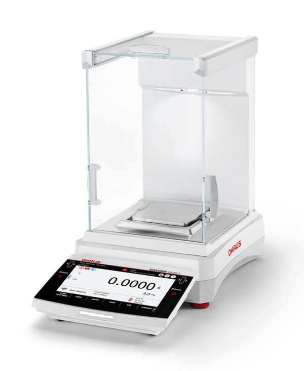 Ohaus Explorer Analytical Balance EXP plus model side view white background.