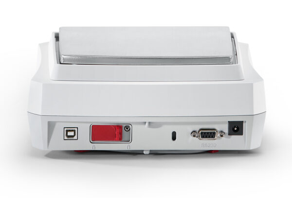 Ohaus Explorer Precision Balance viewed from the rear to show it's communication ports, this model in the range doesn't have a wind guard. White background.