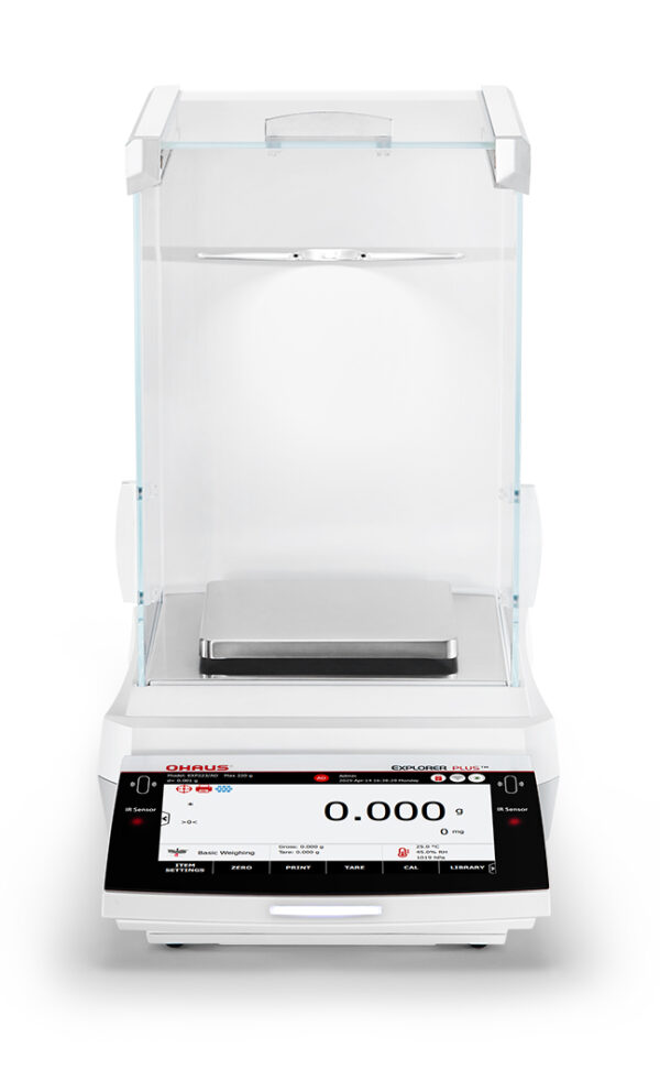 Ohaus Explorer Precision Balance viewed front on, with wind guard. White background.