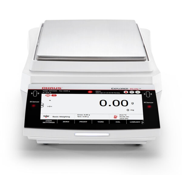 Ohaus Explorer Precision Balance viewed front on, this model in the range doesn't have a wind guard. White background.