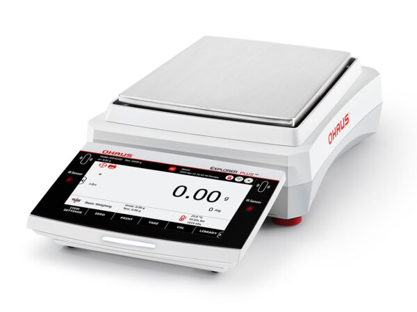 Ohaus Explorer Plus precision Balance Trade Approved. No draft shield side on white background