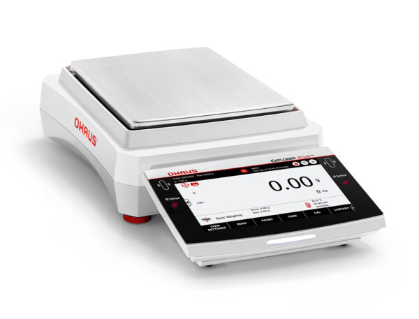 Ohaus Explorer Precision Balance viewed side on, this model in the range doesn't have a wind guard. White background.