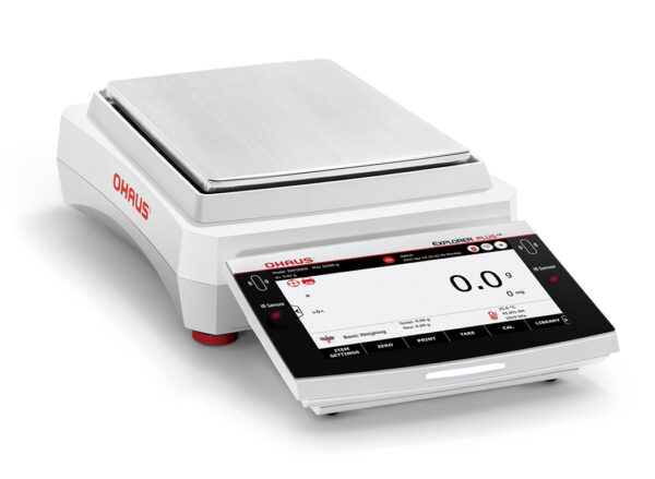 Ohaus Explorer Plus precision Balance. No draft shield side on white background