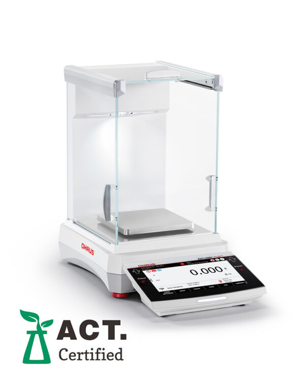 Ohaus Explorer Precision Balance viewed side on with wind guard and ACT logo visible. White background.