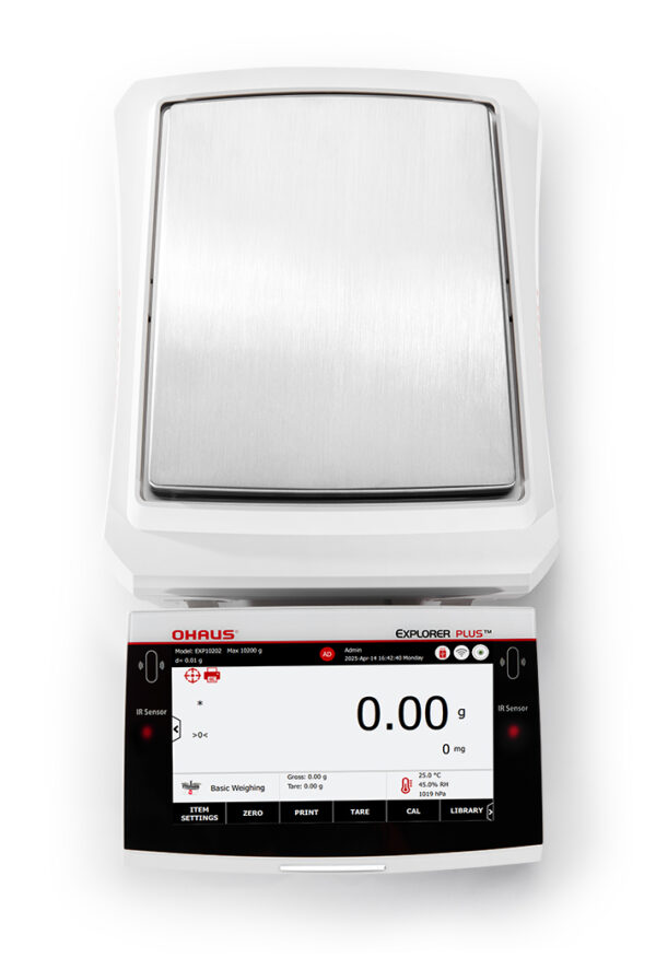 Ohaus Explorer Precision Balance viewed top down, this model in the range doesn't have a wind guard. White background.