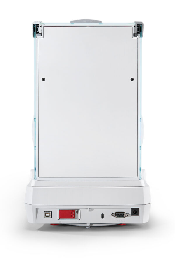Ohaus Explorer, 2025 model, Semi-Micro Balance, Plus EXP, viewed from the back showing the interfaces ports available, travel lock off. White background.