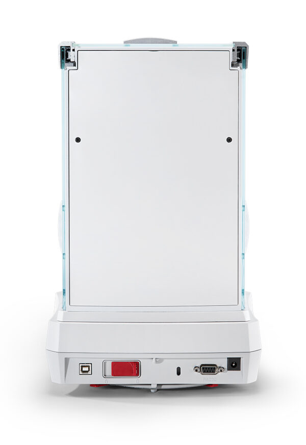 Ohaus Explorer, 2025 model, Semi-Micro Balance, Plus EXP, viewed from the back showing the interfaces ports available, travel lock on. White background.