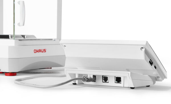 Ohaus Explorer, 2025 model, Semi-Micro Balance, Plus EXP, indicator shown nearby but still attached vie interface wire. White background.
