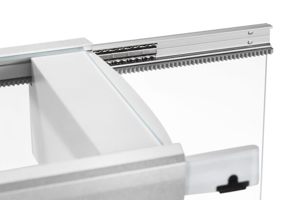 Ohaus Explorer, 2025 model, Semi-Micro Balance, Plus EXP, closeup of draft shield open from rear side