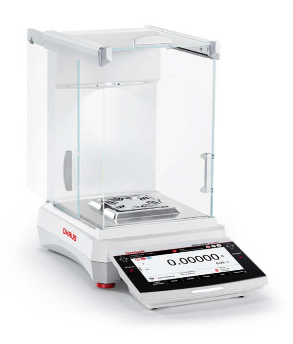 Ohaus Explorer, 2025 model, Semi-Micro Balance, Plus EXP, white configurable lights being displayed, draft shield in half open position, viewed other side on, white background.