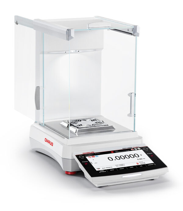 Ohaus Explorer, 2025 model, Semi-Micro Balance, Plus EXP, viewed side on, white background.