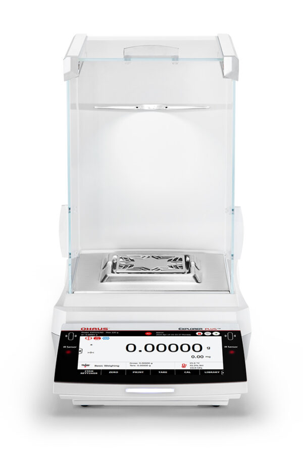 Explorer 2025 model Semi-Micro Balance Plus EXP turned on, viewed front on white background.