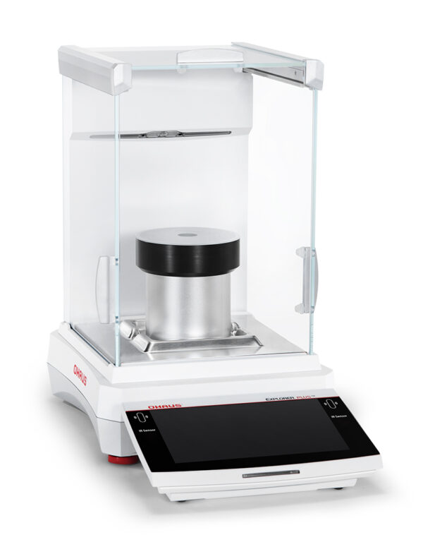 Explorer 2025 model, Semi-Micro Balance, Plus EXP, with pipette calibration chamber in situ, viewed side on, white background.