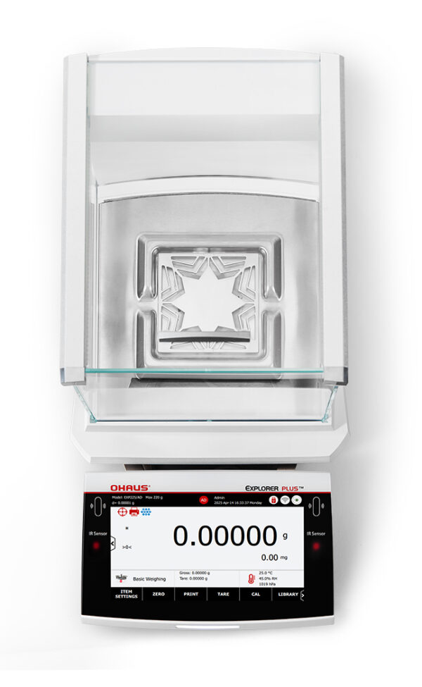 Explorer 2025 model, Semi-Micro Balance, Plus EXP, turned on showing 5 decimal places, viewed top down, white background.
