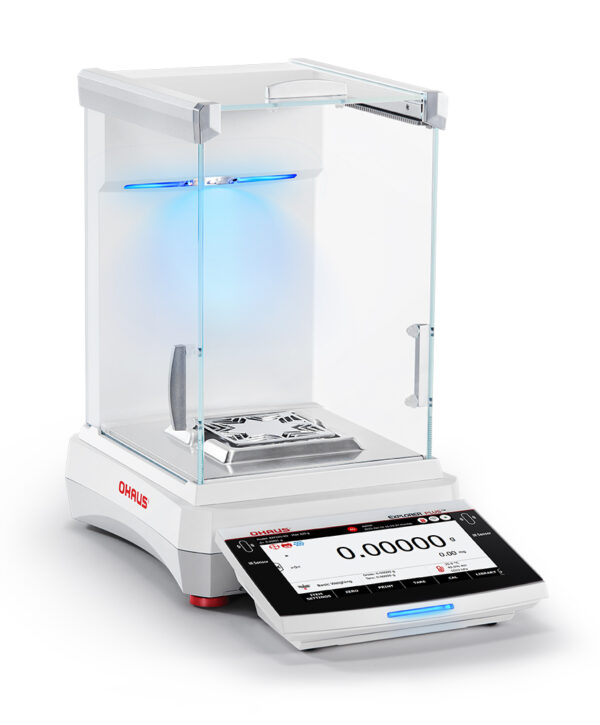 Ohaus Explorer, 2025 model, Semi-Micro Balance, Plus EXP, Blue configurable lights being displayed, viewed side on, white background.