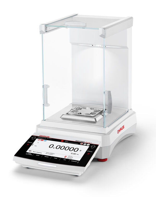 Ohaus Explorer, 2025 model, Semi-Micro Balance, Plus EXP, white configurable lights being displayed, viewed other side on, white background.