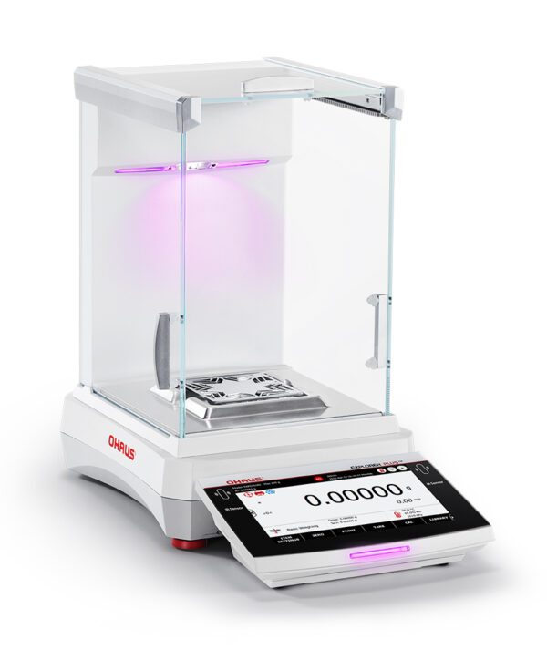 Ohaus Explorer, 2025 model, Semi-Micro Balance, Plus EXP, pink configurable lights being displayed, viewed side on, white background.