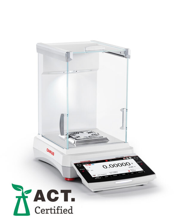 Ohaus Explorer, 2025 model, Semi-Micro Balance, Plus EXP, viewed side of which ACT logo. White background.