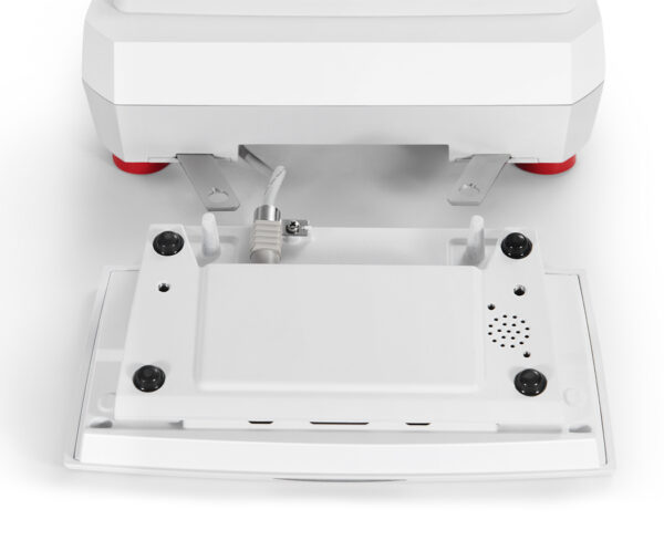 Ohaus Explorer, 2025 model, Semi-Micro Balance, Plus EXP, closeup of underside of indicator/header/terminal. White background.