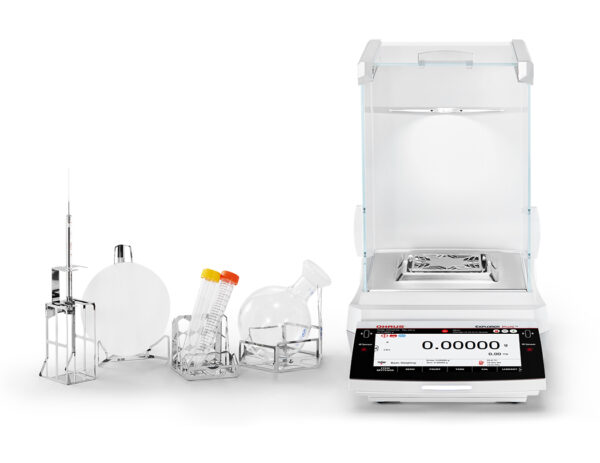 Ohaus Explorer, 2025 model, Semi-Micro Balance, Plus EXP, viewed from the front aside available lab accessories. White background.
