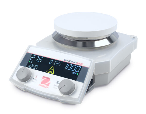 Hotplate stirrer Ohaus Guardian 5000 G52 viewed in isometric view with white background.