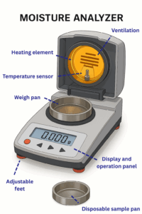 Moisture analyser visual example showing callouts with the different parts of a moisture analyser, with white background.