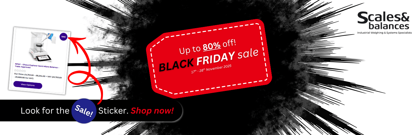 Black Friday deals Banner. Discounted scales and balances.