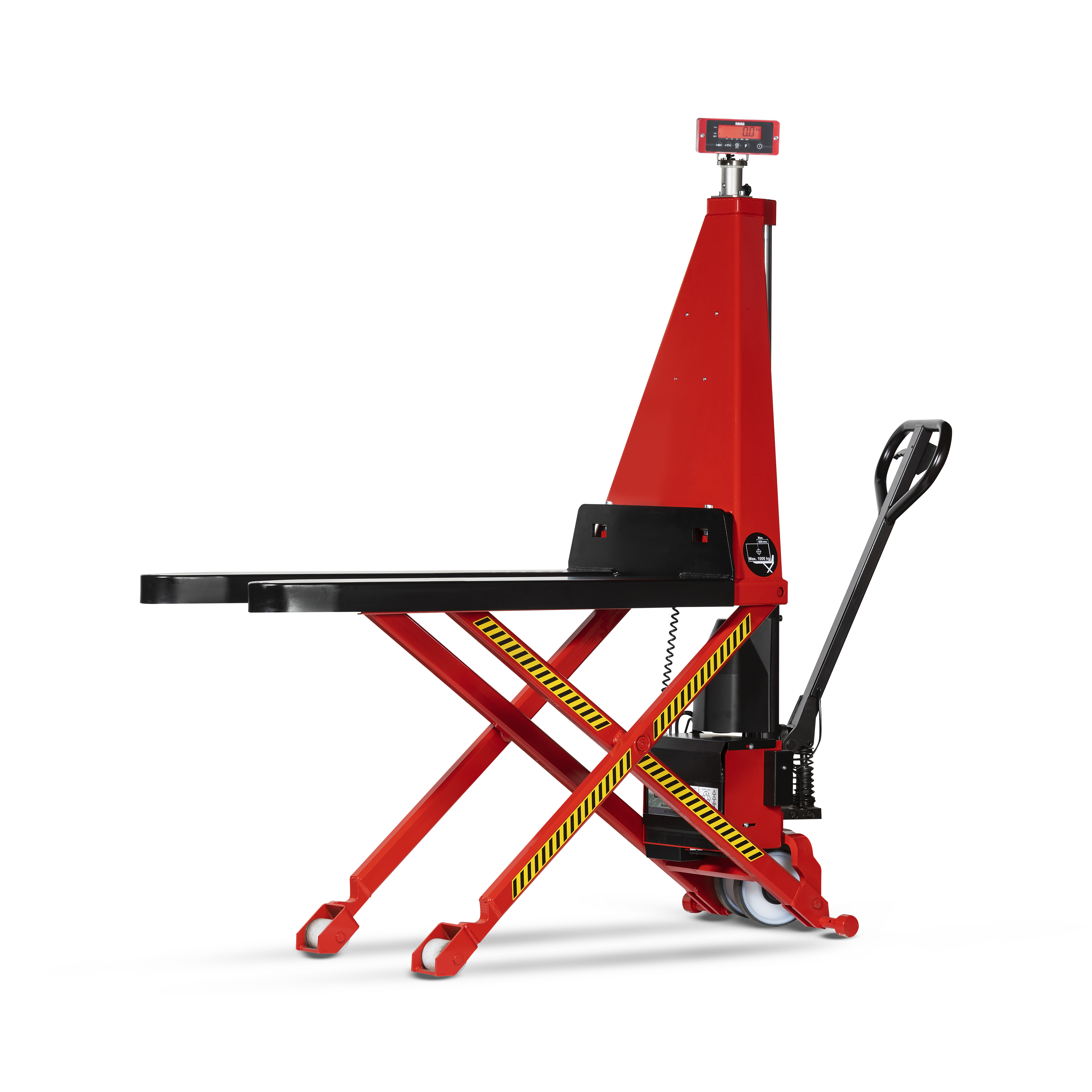 ergo-scissor-lift Ravas 3200 Ergo Scissor Lift Scale Main Product Image with Lift up showing what the product is capable of on white background.