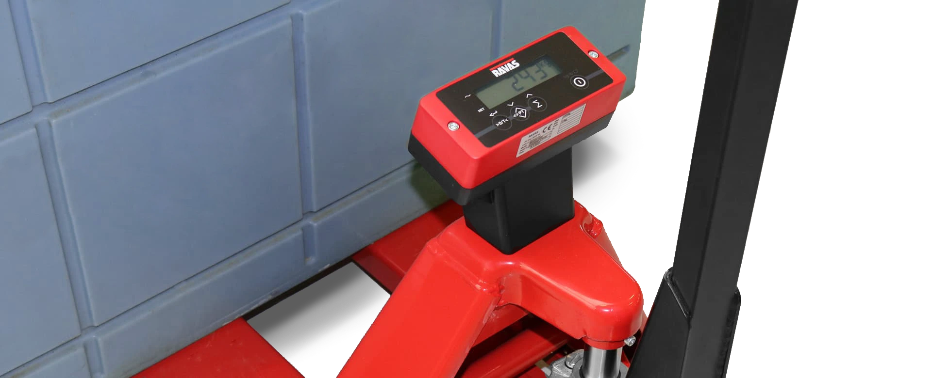 ravas-1100_indicator RAVAS 1100 Pallet Truck Scale closeup of indicator and forks