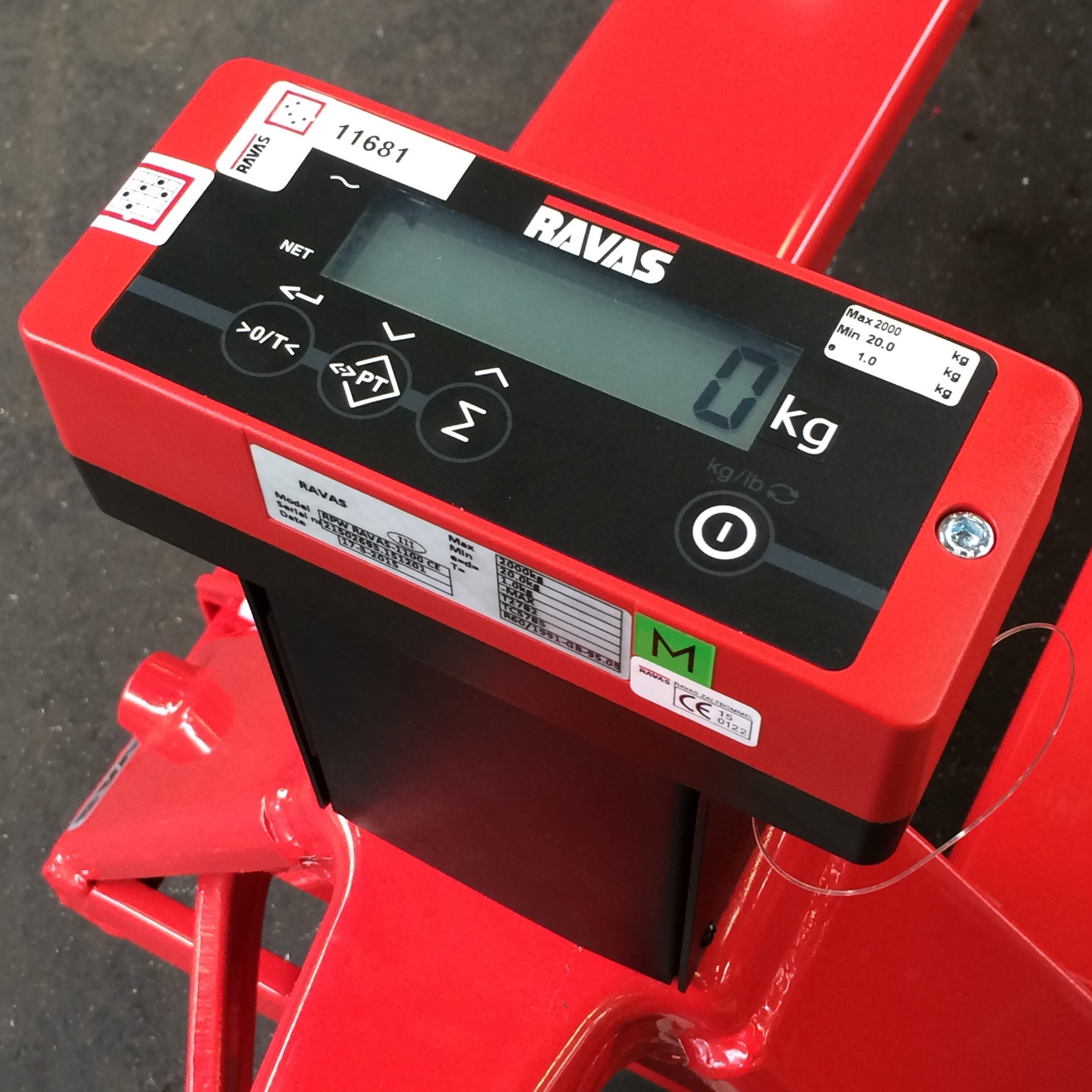 ravas-1100_oiml-approved RAVAS 1100 Pallet Truck Scale closeup of weight indicator alternate angle