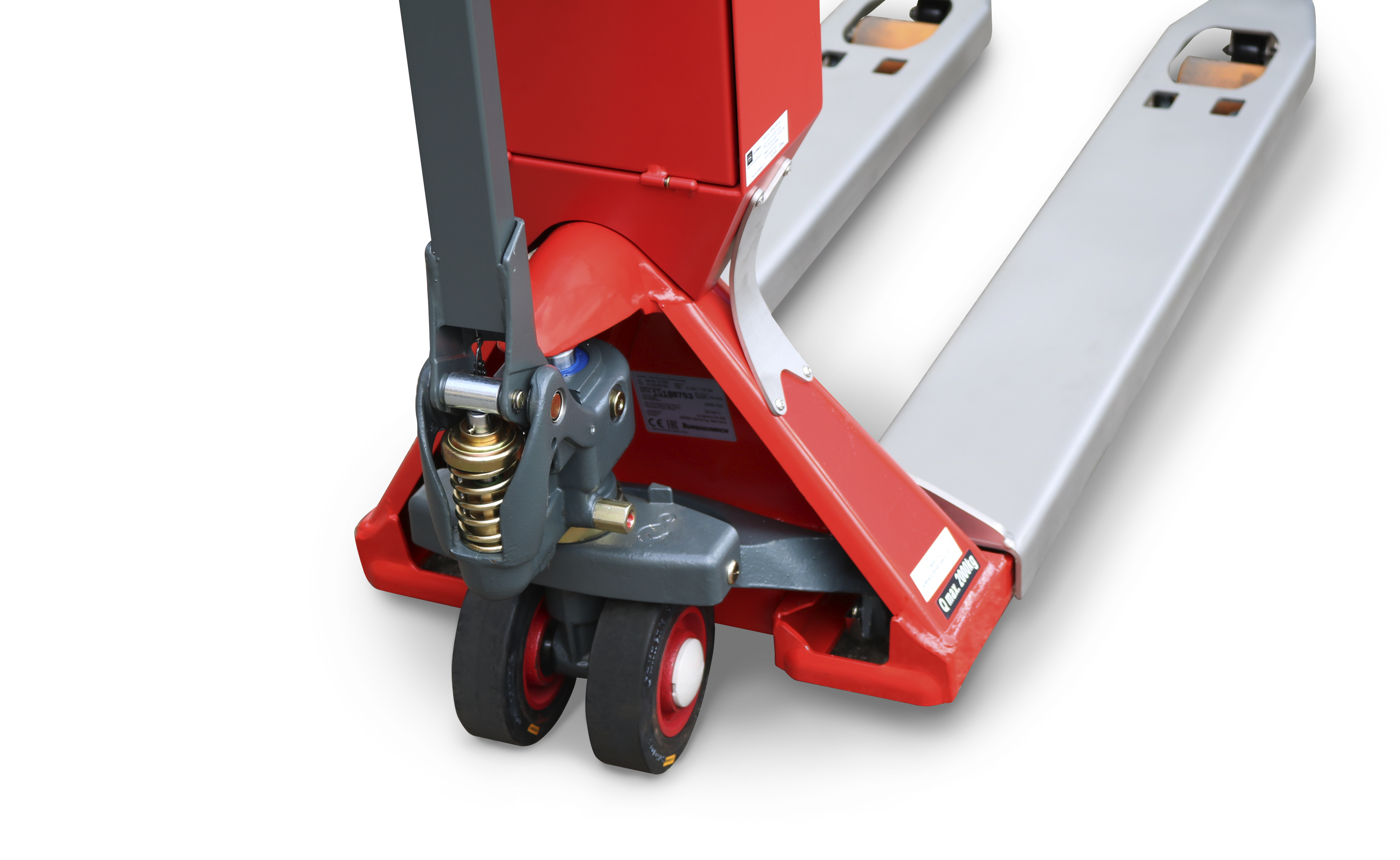 ravas-2100-exi_wheels Ravas 2100 EXi ATEX Pallet Truck Scale closeup of steering wheels on white background