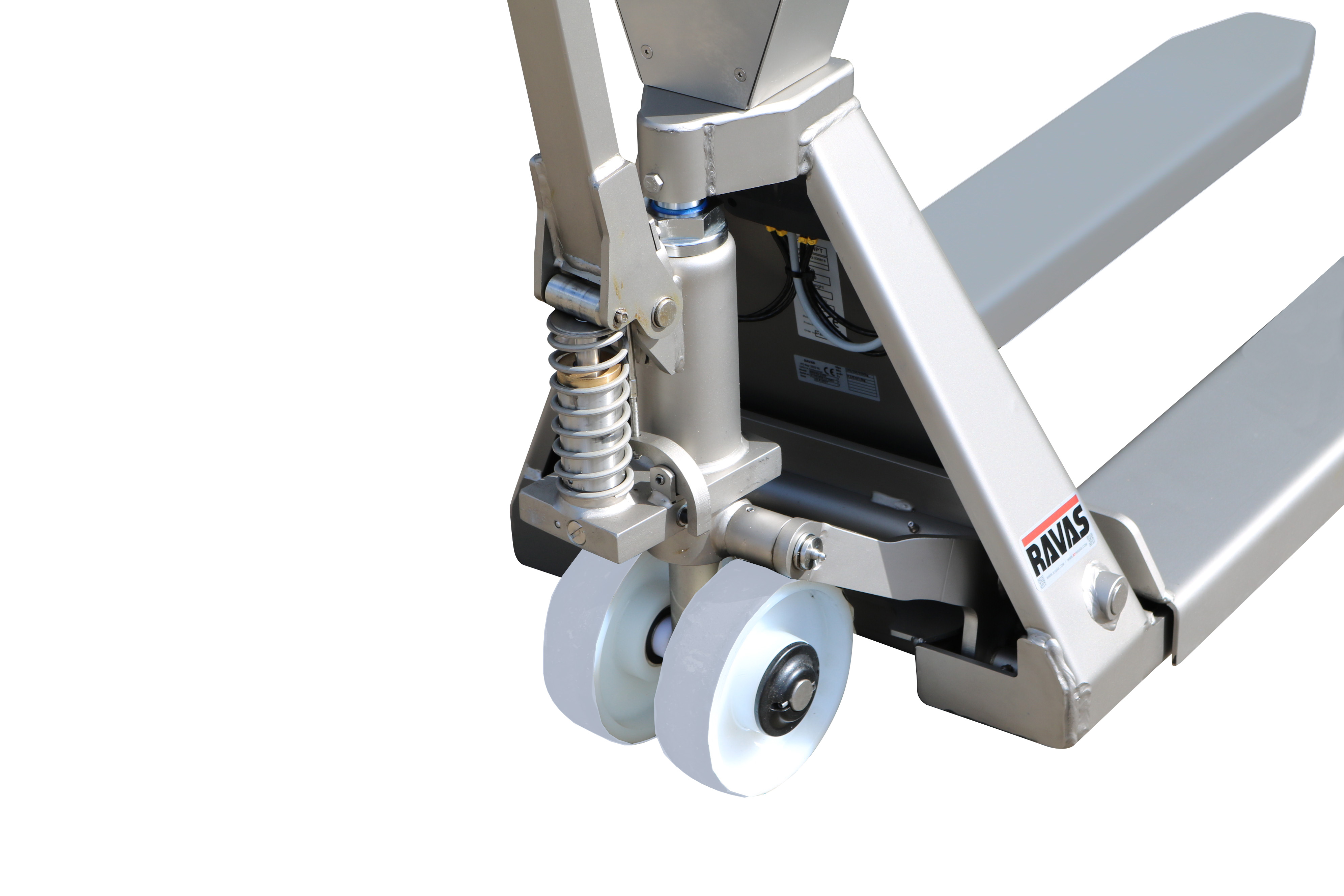ravas-3200f_almeborg_100-stainless-steel_pump Ravas 3200 Inox Advanced Stainless Steel Pallet Truck Scale closeup of rear casters