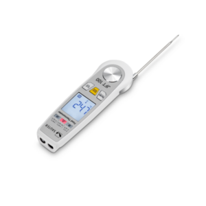 Kern JFT 100 Industrial Digital food thermometer with probe extended white background.